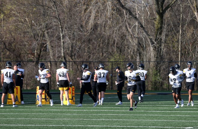 Iowa’s defense takes the field during practice Thursday, April 11, 2024 in Iowa City, Iowa.