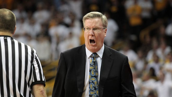 Iowa head coach Fran McCaffery reacts as Zach McCabe is called for a foul during the Hawkeyes' game against Michigan State at Carver-Hawkeye Arena on Thursday, Jan. 10, 2012.