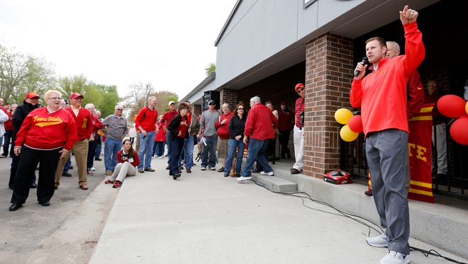 Coach Fred Hoiberg speaks to fans during the first stop of the 2014 Cyclone Tailgate Tour on May 13, 2014,  in Paton.