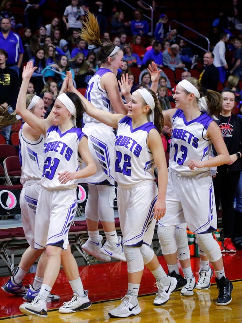 Crestwood celebrates after winning the 3A semifinal against North Polk Thursday, March 1, 2018.