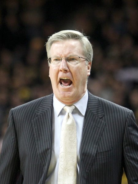 Iowa head coach Fran McCaffery reacts to a non foul call involving Devyn Marble during the Hawkeyes 65-69 loss to the Hoosiers in Iowa City on Saturday, December 31, 2012.