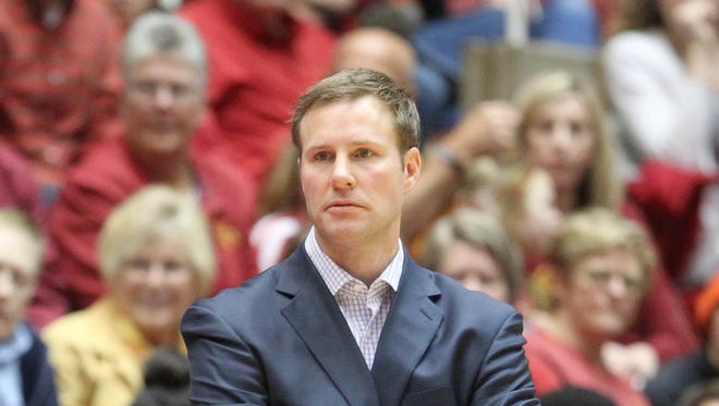 Coach Fred Hoiberg watches his team against the Oklahoma Sooners on March 2, 2015 at Hilton Coliseum in Ames.