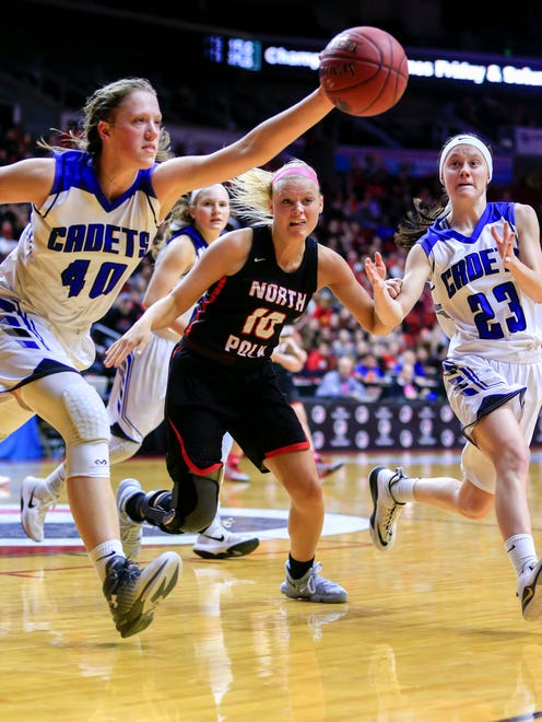Sharon Goodman of Crestwood grabs a loose ball during the 3A semifinal against North Polk Thursday, March 1, 2018.