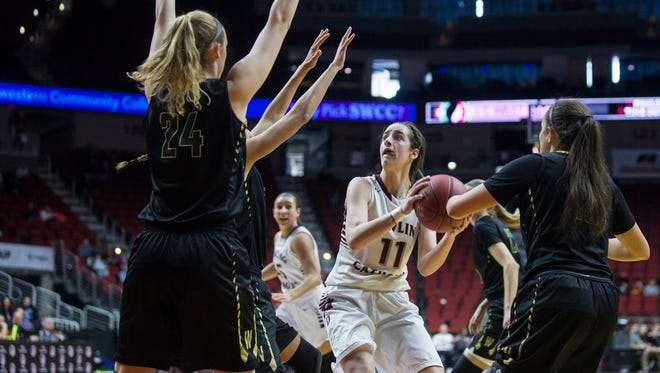 Dowling's Caitlin Clark shoots the ball during the Class 5A Girls' state basketball quarterfinal game between Dowling Catholic and Iowa City West on Monday, Feb. 26, 2018, in Wells Fargo Arena.