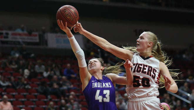 Cedar Falls' Cynthia Wolf blocks Indianola's Grace Berg's shot during the Class 5A Girls' state basketball quarterfinal game between Indianola and Cedar Falls on Monday, Feb. 26, 2018, in Wells Fargo Arena.