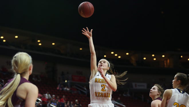 Iowa City Regina's Mary Crompton shoots the ball during the Class 2A Girls' state basketball quarterfinal game between Iowa City Regina and Grundy Center on Tuesday, Feb. 27, 2018, in Wells Fargo Arena. Grundy Center won the game, 46-45.