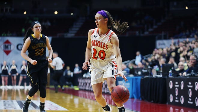 Springville's Rylee Menster brings the ball down the court during the Class 1A Girls' state basketball quarterfinal game between Springville and Algona Bishop Garrigan on Wednesday, Feb. 28, 2018, in Wells Fargo Arena. Springville won the game 54-36.