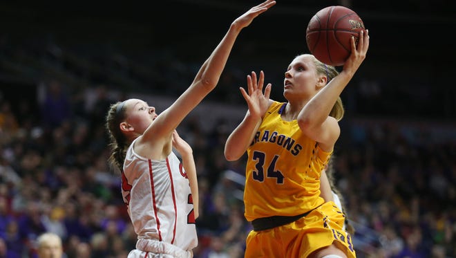 Johnston's Jennah Johnson shoots a lay-up during the Class 5A Girls' state basketball semifinal game between Johnston and Iowa City High on Thursday, March 1, 2018, in Wells Fargo Arena. City High won the game, 58-52, to advance to the state final.