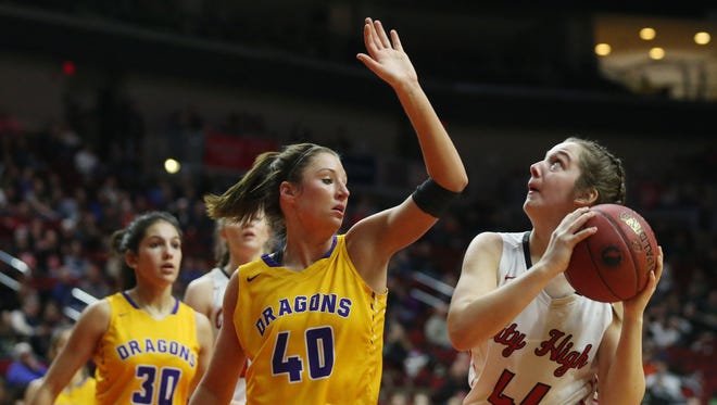 City High's Samantha Greving shoots the ball during the Class 5A Girls' state basketball semifinal game between Johnston and Iowa City High on Thursday, March 1, 2018, in Wells Fargo Arena. City High won the game, 58-52, to advance to the state final.