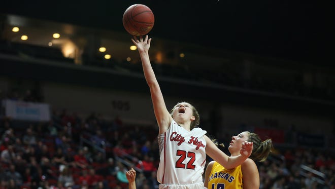 City High's Paige Rocca shoots the ball during the Class 5A Girls' state basketball semifinal game between Johnston and Iowa City High on Thursday, March 1, 2018, in Wells Fargo Arena. City High won the game, 58-52, to advance to the state final.