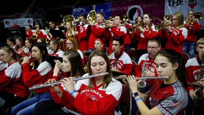 The North Polk band plays during the Class 3A-2 first round game against Davenport Assumption Tuesday, Feb. 27, 2018 at Wells Fargo Arena.