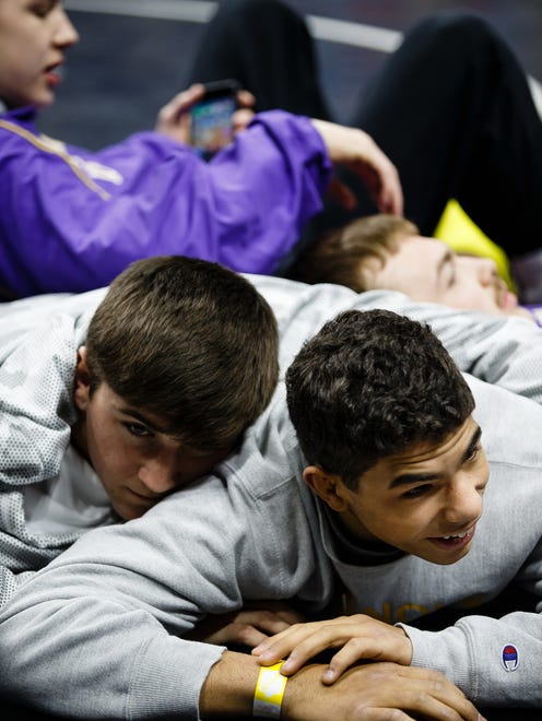 during their match at the Iowa high school state wrestling tournament on Thursday, Feb. 16, 2017 in Des Moines.