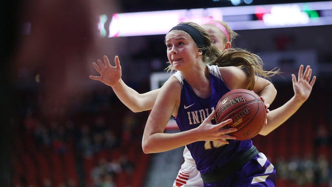 Indianola's Maggie McGraw drives to the hoop during the Class 5A Girls' state basketball quarterfinal game between Indianola and Cedar Falls on Monday, Feb. 26, 2018, in Wells Fargo Arena. Indianola won the game 64-63.