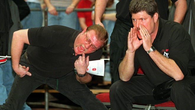 From 1998: Coon Rapids-Bayard coaches Steve Cadwallader, left, and Rick Seydel watch Seydel's son, Andy, wrestling at the state tournament at Veterans Memorial Auditorium in Des Moines. Andy Seydel pinned Jim Miller of Bondurant-Farrar in a Class 1-A 119-pound match.