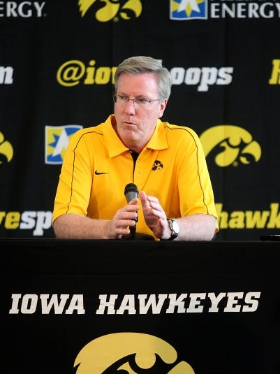 Iowa coach Fran McCaffery speaks to members of the media on Thursday at Carver Hawkeye Arena in Iowa City during the University of Iowa men's basketball media day.