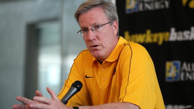 Iowa coach Fran McCaffery speaks to members of the media on Thursday at Carver Hawkeye Arena in Iowa City during the University of Iowa men's basketball media day.