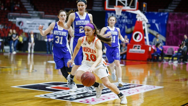 Springville's Rylee Menster (20) brings the ball up court during the second half of their 1A girls state basketball championship game at Wells Fargo Arena on Saturday, March 3, 2018, in Des Moines. Springville would go on to win 60-49.