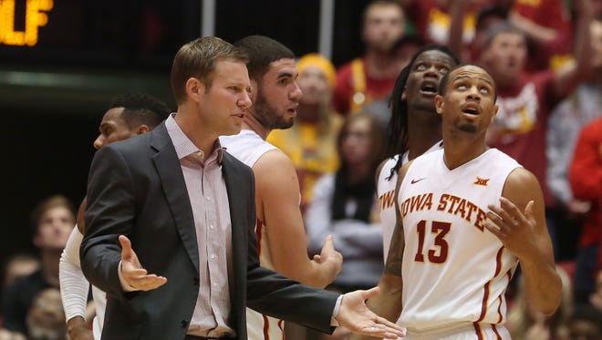 Iowa State coach Fred Hoiberg questions a foul call in the first half of a game against Baylor on Feb. 25, 2015,  in Ames.