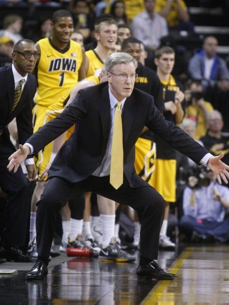 Iowa coach Fran McCaffery instructs his players from the sidelines during an NCAA men's college basketball game between Iowa State and the University of Iowa on Friday, Dec. 7, 2012 in Iowa City, Iowa.