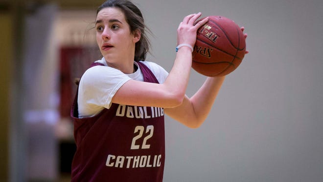 Caitlin Clark looks to pass the ball during practice Tuesday, Feb. 13, 2018. Clark, a West Des Moines Dowling Catholic guard, is the nation's top-ranked sophomore, the subject of a recruiting battle between the country's top women's college programs and a member of the USA U16 national team.