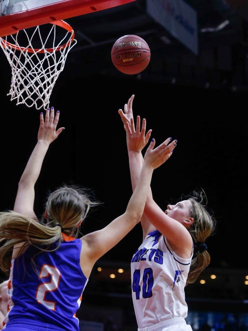 Crestwood sophomore Sharon Goodman works her way inside and to the hoop for a field goal against Sioux Center on Saturday, March 3, 2018, during the Iowa Class 3A girls basketball state championship game at Wells Fargo Arena in Des Moines.