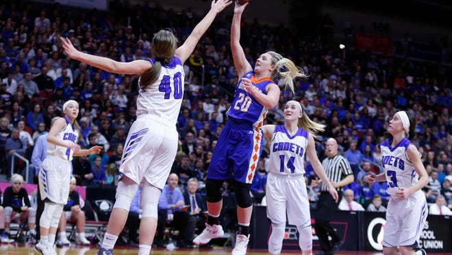 Sioux Center senior Jordyn Van Maanen puts up a shot against Crestwood on Saturday, March 3, 2018, during the Iowa Class 3A girls basketball state championship game at Wells Fargo Arena in Des Moines.
