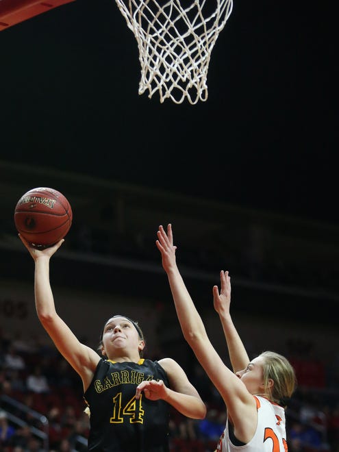 Garrigan's Kaylyn Meyers shoots a lay-up during the Class 1A Girls' state basketball quarterfinal game between Springville and Algona Bishop Garrigan on Wednesday, Feb. 28, 2018, in Wells Fargo Arena.