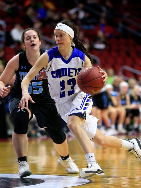 Ellie Friesen of Crestwood drives to the basket during the Class 3A first round game against South Tama Tuesday, Feb. 27, 2018 at Wells Fargo Arena.