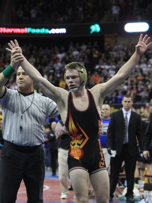 2013: Brandon Sorensen of Denver-Tripoli celebrates after beating Zach Muller of West Delaware in the 145-pound final at the Iowa state wrestling tournament at Wells Fargo Arena.