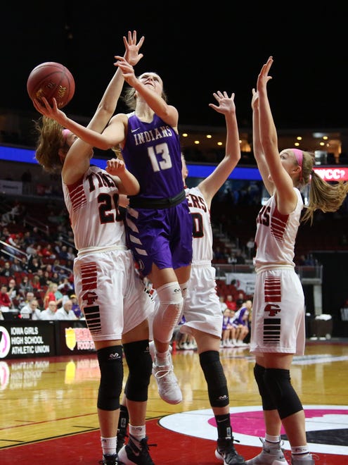 Indianola junior Maggie McGraw gets a shot away. Seventh-seeded Indianola beat second-seeded Cedar Falls 64-63 in a Class 5A state quarterfinal at Wells Fargo Arena in Des Moines Feb. 26.