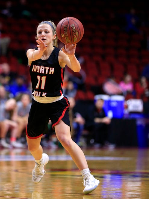 Katie Scott of North Polk makes a pass during the 3A semifinal against Crestwood Thursday, March 1, 2018.
