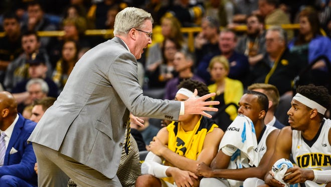 Iowa Hawkeyes head coach Fran McCaffery reacts during the first half against the Penn State Nittany Lions at Carver-Hawkeye Arena.