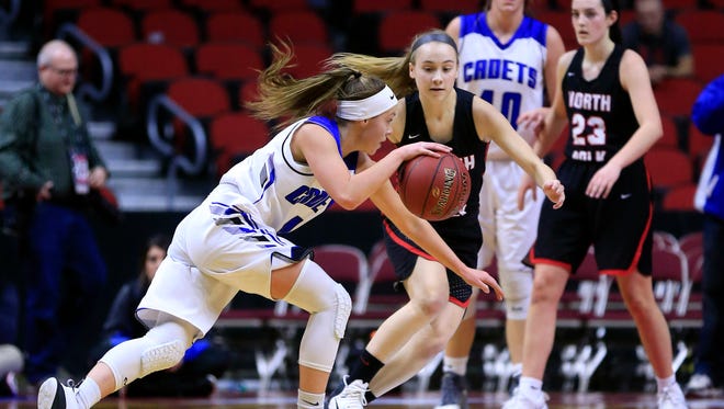 Emily Friesen of Crestwood drives to the basket   during the 3A semifinal against North Polk Thursday, March 1, 2018.