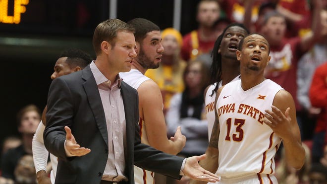 Iowa State coach Fred Hoiberg questions a foul call in the first half of Wednesday's game against Baylor in Ames.