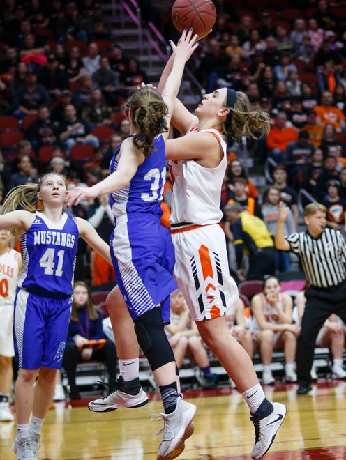 Springville's Mikayla Nachazel (51) shoots during the second half of their 1A girls state basketball championship game at Wells Fargo Arena on Saturday, March 3, 2018, in Des Moines. Springville would go on to win 60-49.