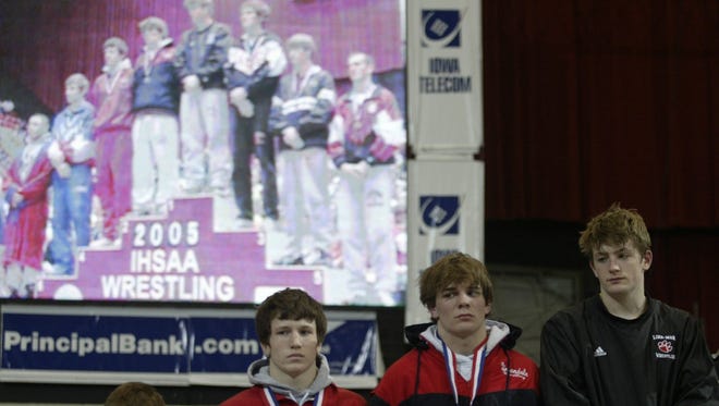 From 2005: Placewinners at 171 pounds, from left, Brett Schultz, Tyler Reed, Austin Boehm and Jay Borschel on the podium at state wrestling at Veterans Memorial Auditorium.