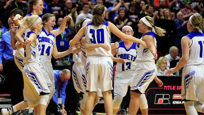 Crestwood celebrates winning the Class 3A first round game against South Tama Tuesday, Feb. 27, 2018 at Wells Fargo Arena.