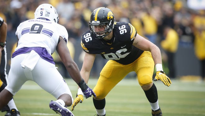 Iowa defensive end Matt Nelson has been a mainstay all season, and now must try to contain elusive Penn State quarterback Trace McSorley.