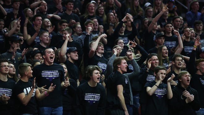 Indianola fans celebrate during the Class 5A Girls' state basketball quarterfinal game between Indianola and Cedar Falls on Monday, Feb. 26, 2018, in Wells Fargo Arena. Indianola won the game 64-63.
