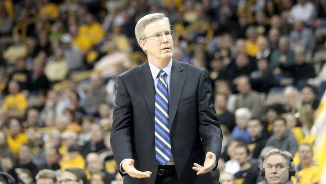 Iowa head coach Fran McCaffery pleads with the referees during the Hawkeyes game against Purdue in Iowa CIty on Wednesday, February 27, 2013.
