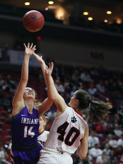 Indianola's Madie Sorensen shoots the ball during the Class 5A Girls' state basketball quarterfinal game between Indianola and Cedar Falls on Monday, Feb. 26, 2018, in Wells Fargo Arena.
