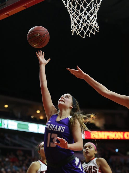 Indianola's Maggie McGraw shoots the ball during the Class 5A Girls' state basketball quarterfinal game between Indianola and Cedar Falls on Monday, Feb. 26, 2018, in Wells Fargo Arena. Indianola won the game 64-63.