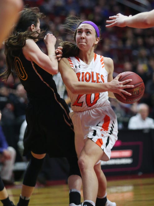 Springville's Rylee Menster shoots the ball during the Class 1A Girls' state basketball quarterfinal game between Springville and Algona Bishop Garrigan on Wednesday, Feb. 28, 2018, in Wells Fargo Arena. Springville won the game 54-36.