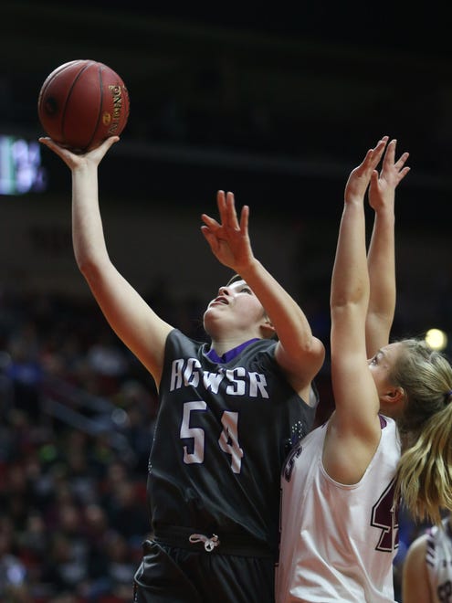 AGWSR's Rachel Sicard shoots the ball during the Class 1A Girls' state basketball quarterfinal game between Extra-Elk Horn-Kimballton against AGWSR on Wednesday, Feb. 28, 2018, in Wells Fargo Arena.