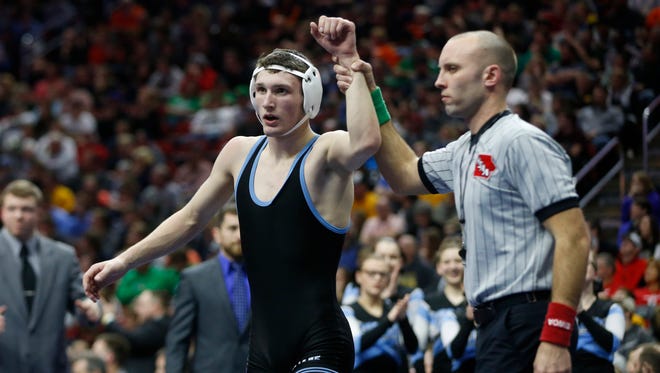 South Tama CountyÕs Isaac Judge wins the class 2A, 152-pound title match Saturday, Feb. 18, 2017 in the state wrestling finals at Wells Fargo Arena in Des Moines.