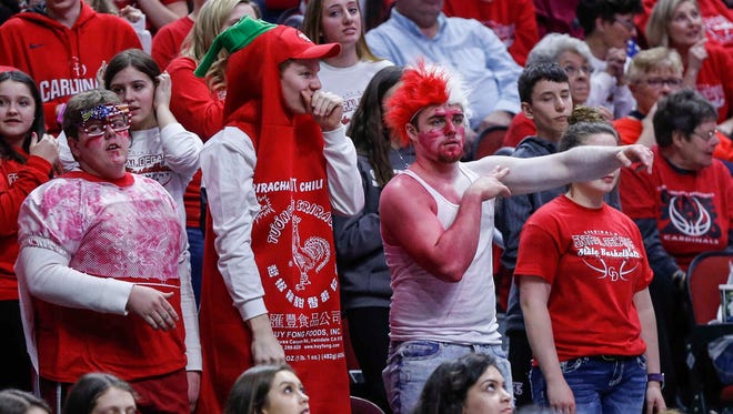 Central Decatur student fans dress up for the game against Montezuma during the 2018 Iowa Class 1A girls state basketball quarterfinal game on Tuesday, Feb. 28, 2018, at Wells Fargo Arena in Des Moines