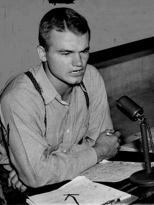 Oct. 14, 1940 - Nile Kinnick makes his debut as a radio sports commentator during the Iowa-Wisconsin football game in Iowa City. Iowa won 30-12.