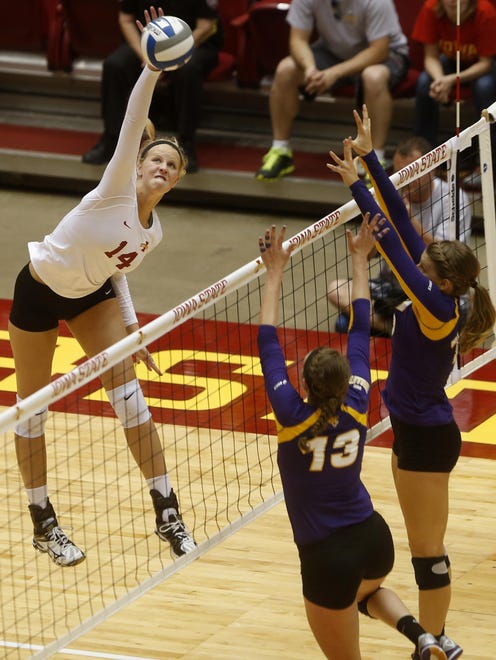 JESS SCHABEN, Harlan. Graduated in 2014. Compiled more than 500 kills during her senior season. The Sunday Register ’ s Athlete of the Year in 2015. Currently at Iowa State.