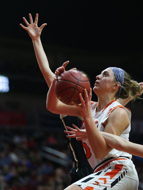 Springville's Mikayla Nachazel shoots the ball during the Class 1A Girls' state basketball quarterfinal game between Springville and Algona Bishop Garrigan on Wednesday, Feb. 28, 2018, in Wells Fargo Arena. Springville won the game 54-36.