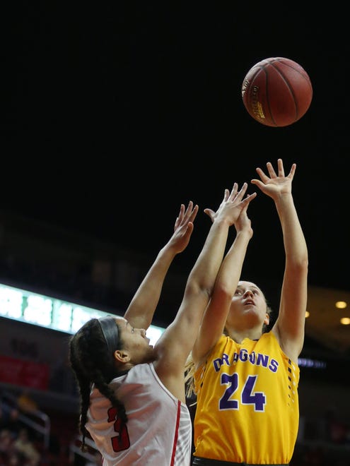 Johnston's Macy Thompson shoots the ball during the Class 5A Girls' state basketball semifinal game between Johnston and Iowa City High on Thursday, March 1, 2018, in Wells Fargo Arena.